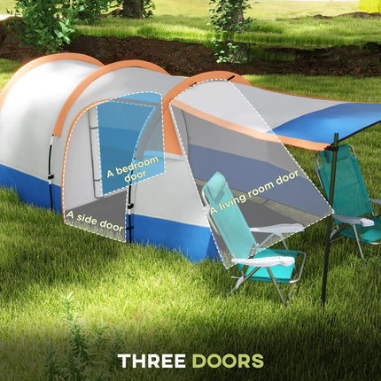 Large Waterproof Camping Tunnel Tent with Bedroom, Living Area & Porch - Orange