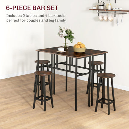 6-Piece Counter Height Bar Table Set with 2 Tables & 4 Stools - Rustic Brown