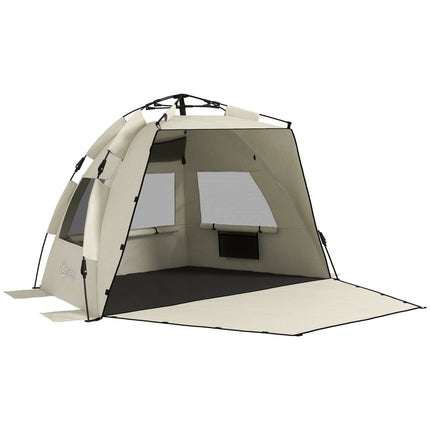Three-Man UPF15 Plus Beach Tent with Extended Floor for Sun Protection - Khaki
