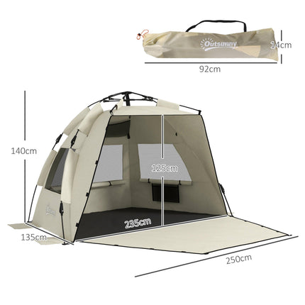 Three-Man UPF15 Plus Beach Tent with Extended Floor for Sun Protection - Khaki