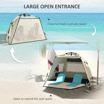Three-Man UPF15 Plus Beach Tent with Extended Floor for Sun Protection - Khaki
