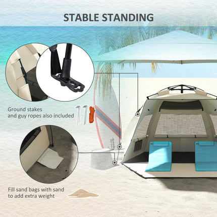 Three-Man UPF15 Plus Beach Tent with Extended Floor for Sun Protection - Khaki
