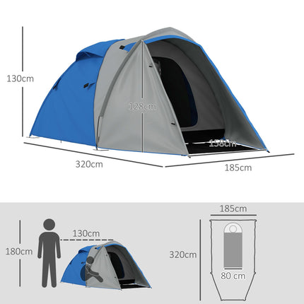 2-3 Man Waterproof Two-Room Camping Tent - Blue