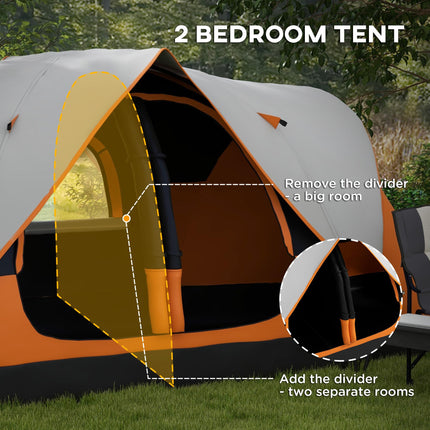 Six-Man Camping Tent with Two Rooms and Rainfly – Orange
