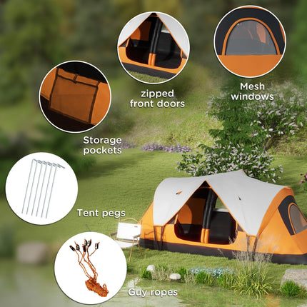 Six-Man Camping Tent with Two Rooms and Rainfly – Orange