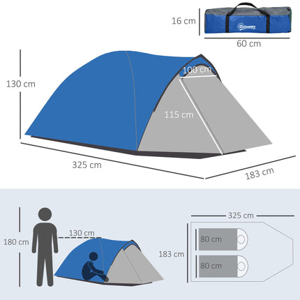 Waterproof 2 Person Dome Camping Tent with Large Windows - Blue Grey