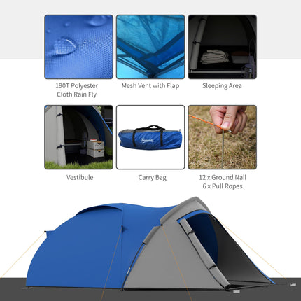 Waterproof 2 Person Dome Camping Tent with Large Windows - Blue Grey