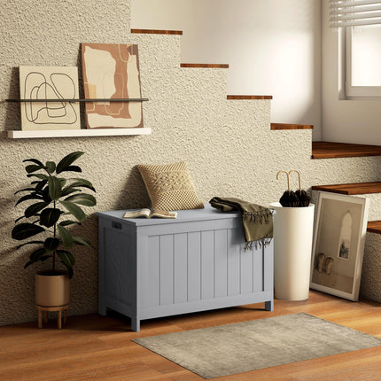 Modern Wooden Storage Chest with 2 Safety Hinges and Cut-out Handles, 76x40x48 cm - Grey