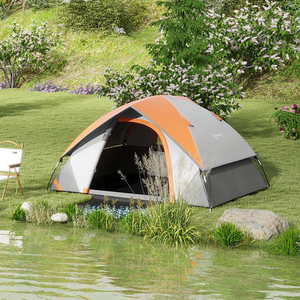 Lightweight Two Man Dome Tent with Rain Protection - Orange/Grey