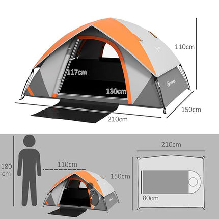 Lightweight Two Man Dome Tent with Rain Protection - Orange/Grey