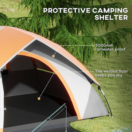 Lightweight Two Man Dome Tent with Rain Protection - Orange/Grey