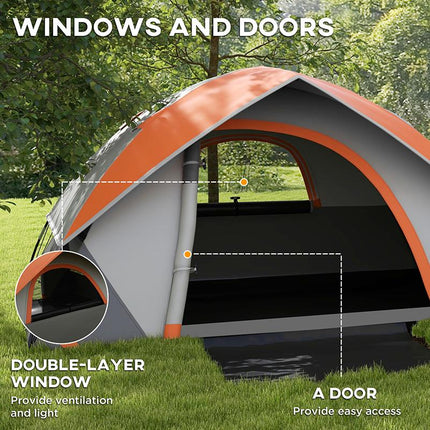 Lightweight Two Man Dome Tent with Rain Protection - Orange/Grey