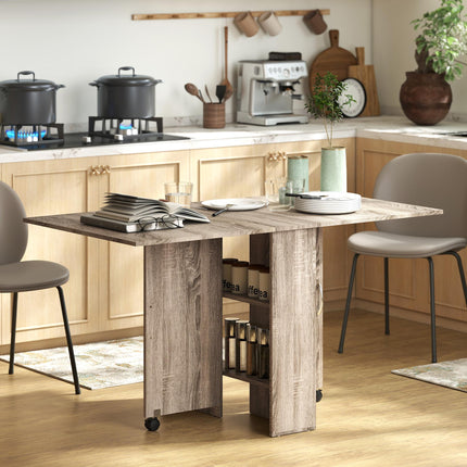 Folding Drop Leaf Dining Table with 2-Tier Shelves and Rolling Casters - Grey