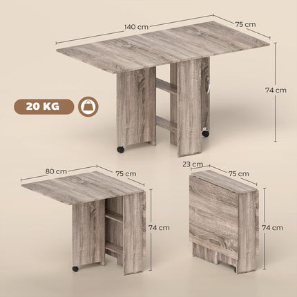 Folding Drop Leaf Dining Table with 2-Tier Shelves and Rolling Casters - Grey