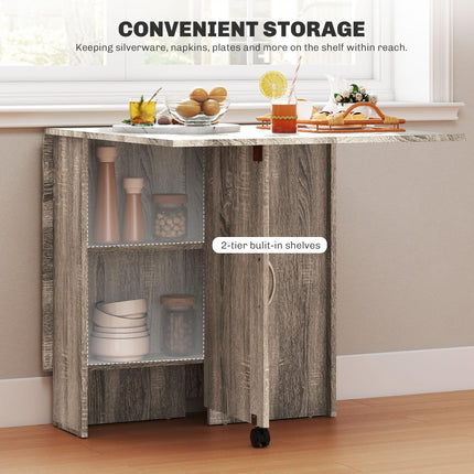 Folding Drop Leaf Dining Table with 2-Tier Shelves and Rolling Casters - Grey