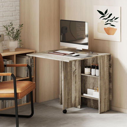 Folding Drop Leaf Dining Table with 2-Tier Shelves and Rolling Casters - Grey