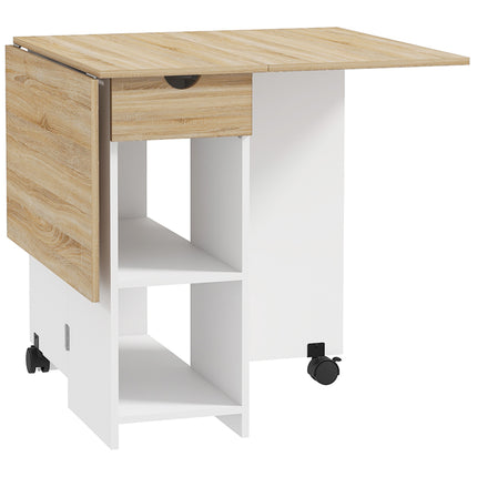 Folding Drop Leaf Dining Table with Drawer and Storage Shelves for Small Spaces - Oak