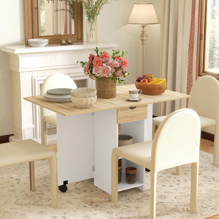 Folding Drop Leaf Dining Table with Drawer and Storage Shelves for Small Spaces - Oak