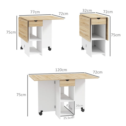 Folding Drop Leaf Dining Table with Drawer and Storage Shelves for Small Spaces - Oak