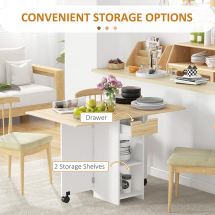 Folding Drop Leaf Dining Table with Drawer and Storage Shelves for Small Spaces - Oak