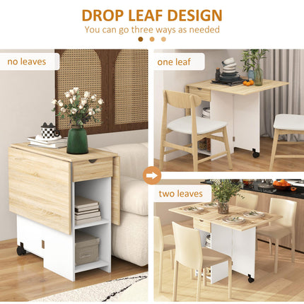 Folding Drop Leaf Dining Table with Drawer and Storage Shelves for Small Spaces - Oak