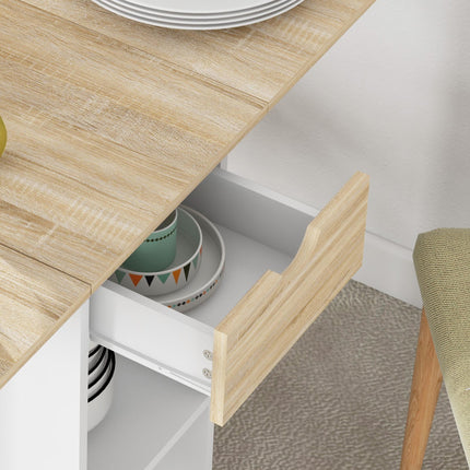 Folding Drop Leaf Dining Table with Drawer and Storage Shelves for Small Spaces - Oak