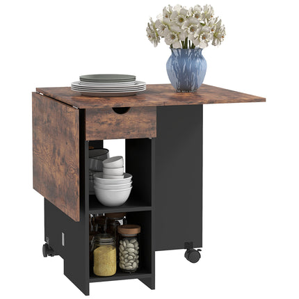 Folding Drop Leaf Dining Table with Drawer and Storage Shelves for Small Spaces - Rustic Brown