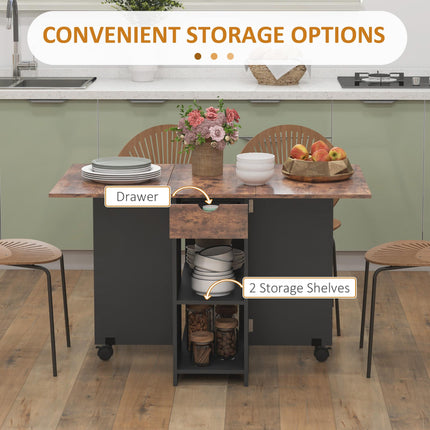 Folding Drop Leaf Dining Table with Drawer and Storage Shelves for Small Spaces - Rustic Brown