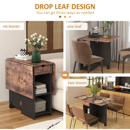 Folding Drop Leaf Dining Table with Drawer and Storage Shelves for Small Spaces - Rustic Brown