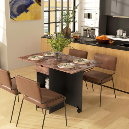 Folding Drop Leaf Dining Table with Drawer and Storage Shelves for Small Spaces - Rustic Brown
