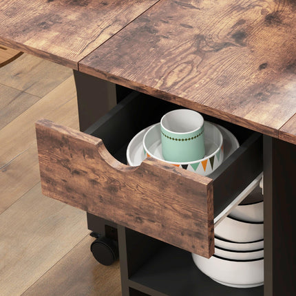 Folding Drop Leaf Dining Table with Drawer and Storage Shelves for Small Spaces - Rustic Brown