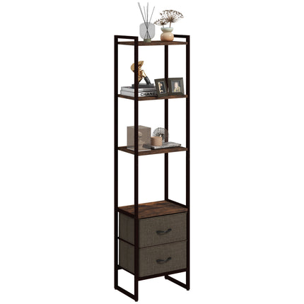 Industrial 4-Tier Bookcase with 2 Fabric Drawers and Metal Frame - Rustic Brown