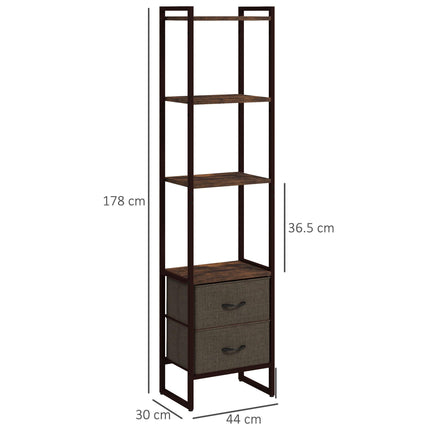 Industrial 4-Tier Bookcase with 2 Fabric Drawers and Metal Frame - Rustic Brown