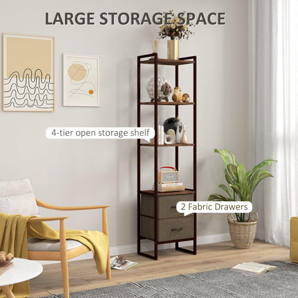 Industrial 4-Tier Bookcase with 2 Fabric Drawers and Metal Frame - Rustic Brown