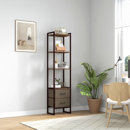 Industrial 4-Tier Bookcase with 2 Fabric Drawers and Metal Frame - Rustic Brown