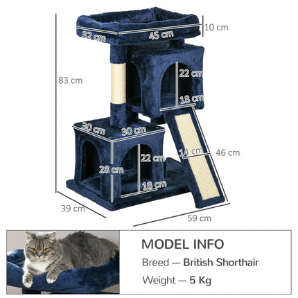 Sisal Cat Activity Tree with 2 Houses and Resting Perch - Navy Blue