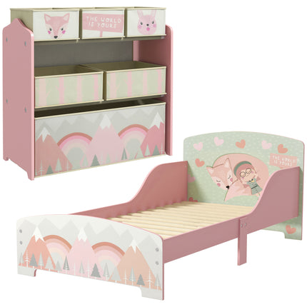 Toddler Bed Frame with 6-Bin Storage Shelf Unit for Ages 3-6 - Pink
