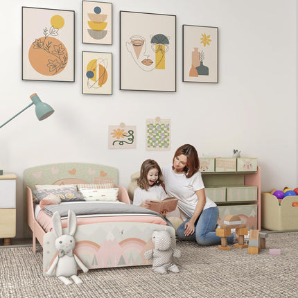 Toddler Bed Frame with 6-Bin Storage Shelf Unit for Ages 3-6 - Pink