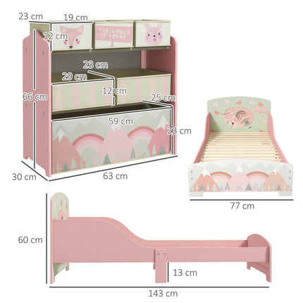 Toddler Bed Frame with 6-Bin Storage Shelf Unit for Ages 3-6 - Pink