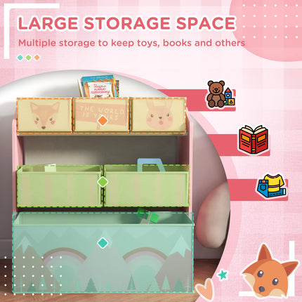 Toddler Bed Frame with 6-Bin Storage Shelf Unit for Ages 3-6 - Pink