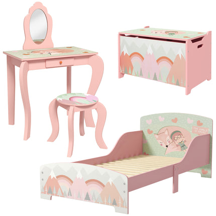 Kids Bedroom Furniture Set with Bed Frame, Toy Chest & Dressing Table for Ages 3-6 - Pink