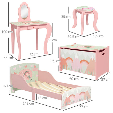 Kids Bedroom Furniture Set with Bed Frame, Toy Chest & Dressing Table for Ages 3-6 - Pink