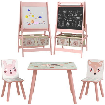 Kids Table and Chair Set with Easel, Paper Roll & Storage Baskets - Pink