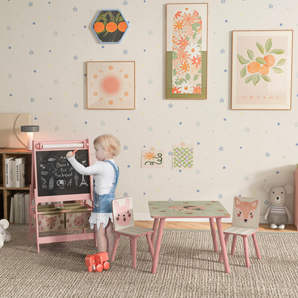 Kids Table and Chair Set with Easel, Paper Roll & Storage Baskets - Pink