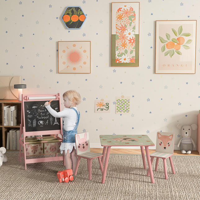 Kids Table and Chair Set with Easel, Paper Roll & Storage Baskets - Pink
