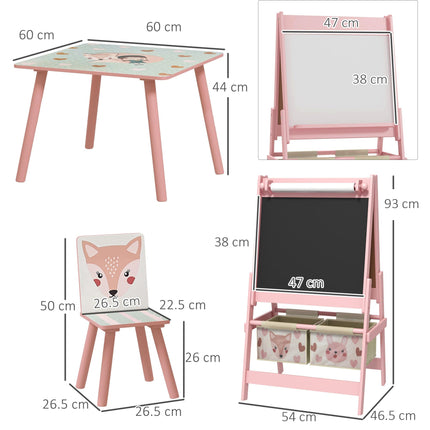 Kids Table and Chair Set with Easel, Paper Roll & Storage Baskets - Pink
