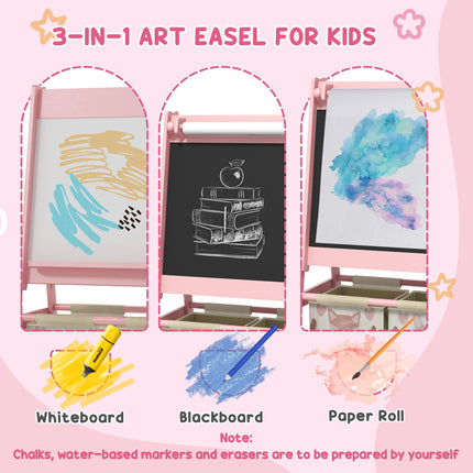 Kids Table and Chair Set with Easel, Paper Roll & Storage Baskets - Pink