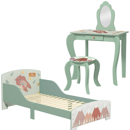 Toddler Bed Frame with Dressing Table, Mirror & Stool Animal Design for Ages 3-6 - Green