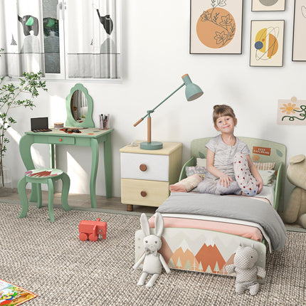 Toddler Bed Frame with Dressing Table, Mirror & Stool Animal Design for Ages 3-6 - Green