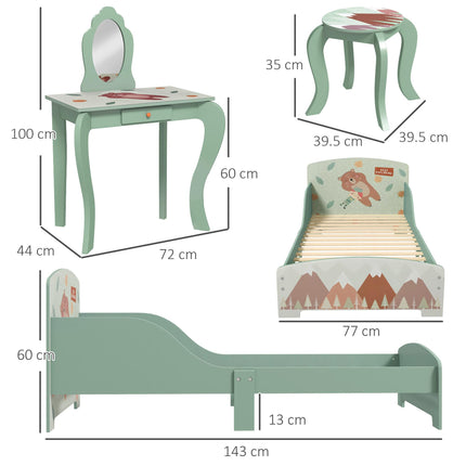 Toddler Bed Frame with Dressing Table, Mirror & Stool Animal Design for Ages 3-6 - Green